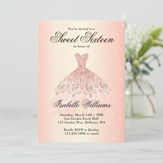 Invitation Élégant Rose Gold Sweet 16 Anniversaire (Debout devant)