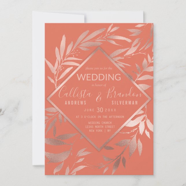 Invitation Élégant Rose Gold Terracotta Floral Feuille Mariag (Devant)