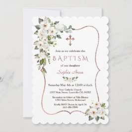 Invitation Élégant Rose Gold White Cream Flowers Baptême