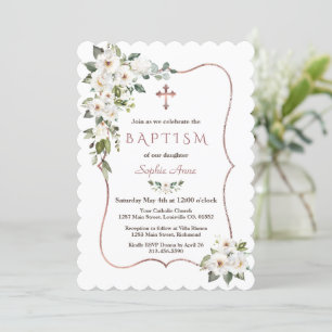 Invitation Élégant Rose Gold White Cream Flowers Baptême