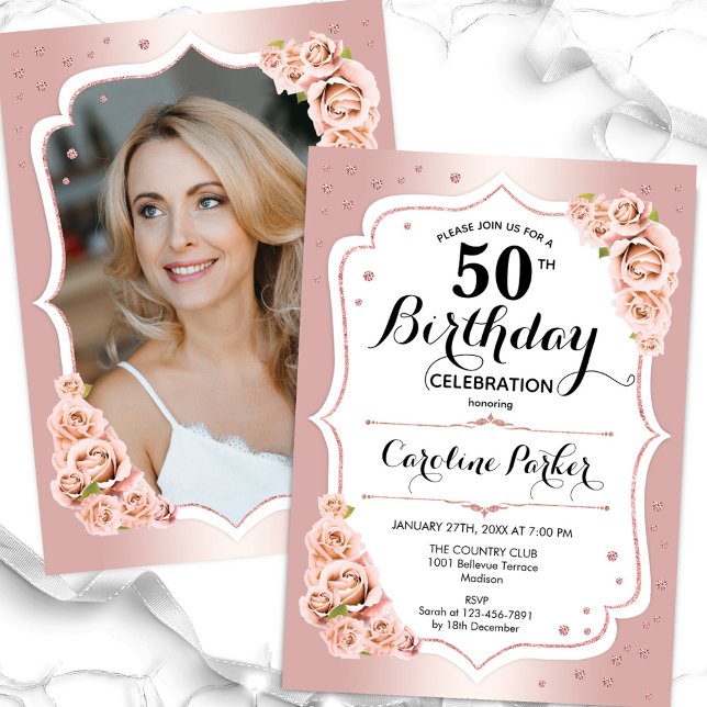 Invitation Elégant Rose Gold White Photo 50e anniversaire (Créateur téléchargé)