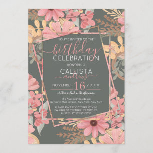 Invitation Elégant rose Golden Sage Flowers Feuille Anniversa