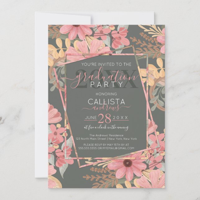 Invitation Élégant rose Golden Sage Flowers Feuille Graduatio (Devant)