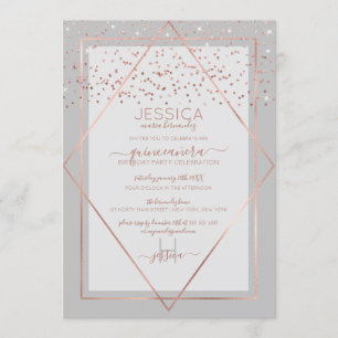 Invitation Elégant Rose gris or Confetti Frontière Quinceañer