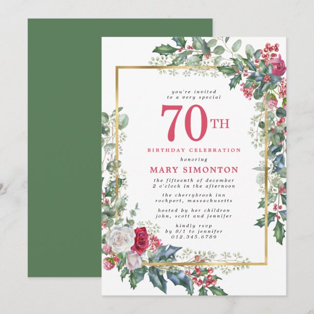Invitation Élégant Rose Holly Berries 70e fête d'anniversaire (Devant / Derrière)