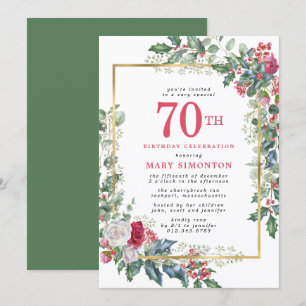Invitation Élégant Rose Holly Berries 70e fête d'anniversaire