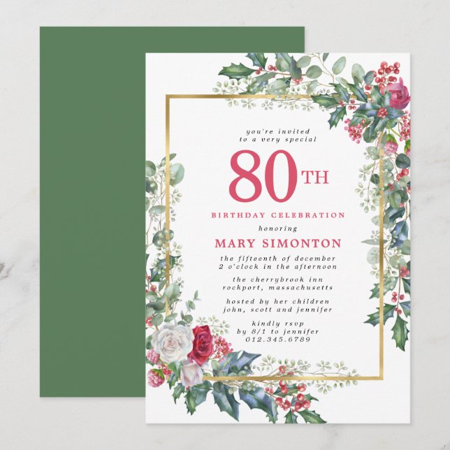 Invitation Élégant Rose Holly Berries 80e anniversaire fête (Devant / Derrière)