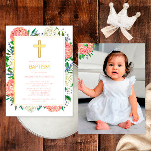 Invitation Élégant rose Hydrangeas Gold Cross Photo Baptême