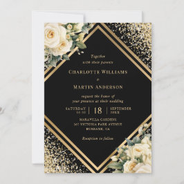 Invitation Élégant Rose ivoire Black Gold Floral Mariage