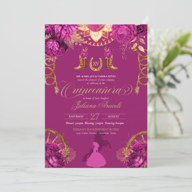 Invitation Élégant Rose Magenta Pink Charro Quinceanera (Debout devant)