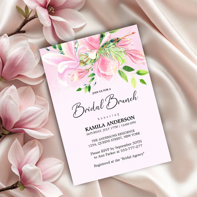 Invitation Elégant rose Magnolia aquarelle Brunch nuptial (Elegant Pink Magnolia Watercolor Bridal Brunch Invitation)