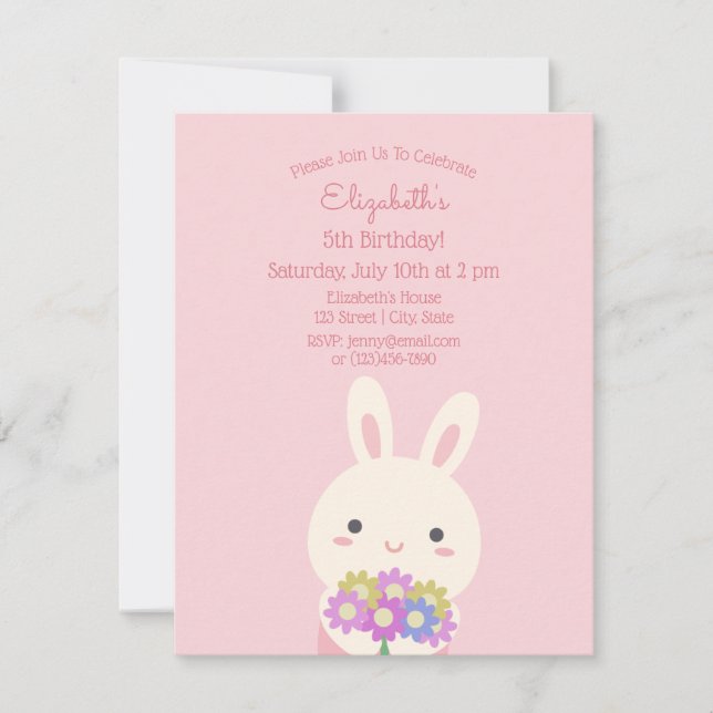 Invitation Elégant rose mignon lapin & Fleurs Fille Anniversa (Devant)