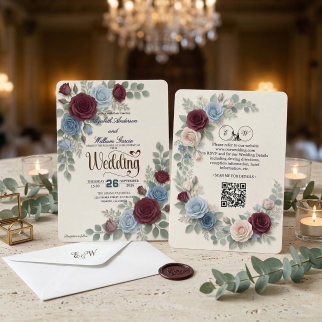 Invitation Elegant Rose Modern QR Code Wedding (Créateur téléchargé)