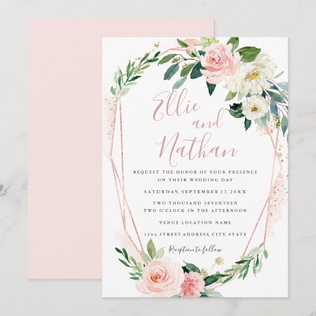 Invitation Élégant Rose moderne Gold Floral Wreath Mariage (Devant / Derrière)
