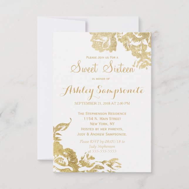 Invitation Élégant Rose moderne simple Floral Gold Sweet 16 (Devant)