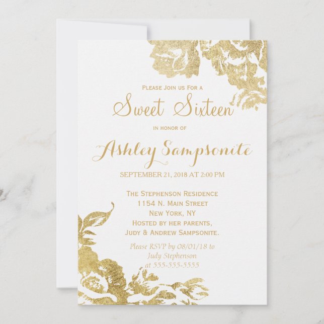 Invitation Élégant Rose moderne simple Floral Gold Sweet 16 (Devant)