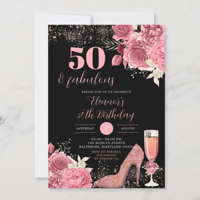 Invitation Elégant Rose noir Champagne d'or Adulte Anniversai (Devant)