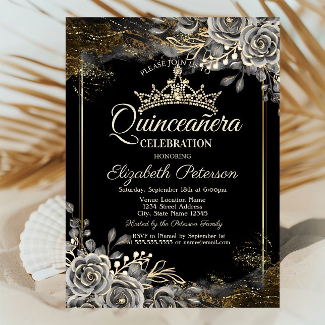 Invitation Élégant Rose noir gothique Quinceañera (Créateur téléchargé)