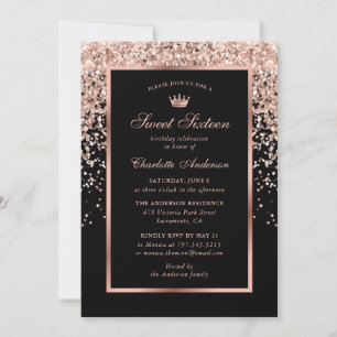 Invitation Élégant Rose noir moderne Gold Sweet 16 Anniversai