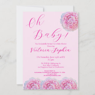Invitation Élégant Rose Oh Bébé Fille Script Peony Baby Showe