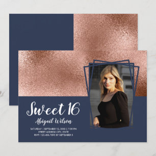 Invitation Elégant rose or bleu sweet sixteen anniversaire