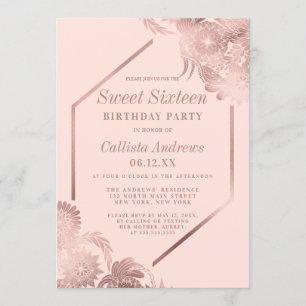 Invitation Elégant Rose Or Blush rose Floral Frame Sweet 16