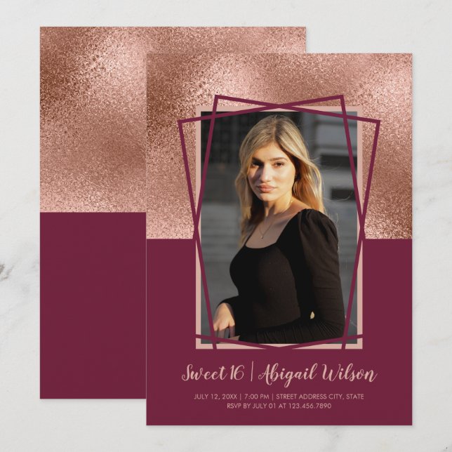 Invitation Elégant rose or bordeaux sweet sixteen anniversair (Devant / Derrière)