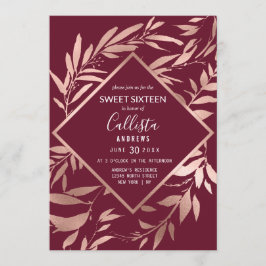 Invitation Élégant Rose Or Bourgogne Floral Feuille Sweet 16