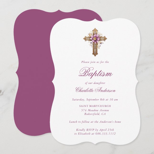 Invitation Élégant rose or croix florale Fille Baptême (Devant / Derrière)