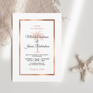 Invitation Elégant Rose or cuivre Palm Tree Marble Mariage