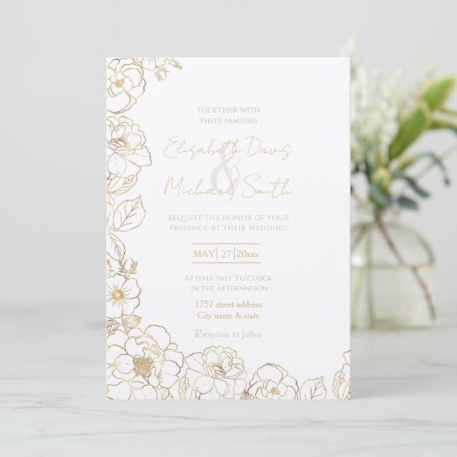 Invitation Elégant Rose or Floral Line art (Debout devant)