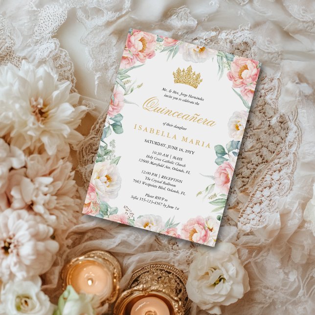 Invitation Elégant rose & or Floral Quinceañera (The Blush Blossom Quince collection features soft rosy pink florals and gold script)