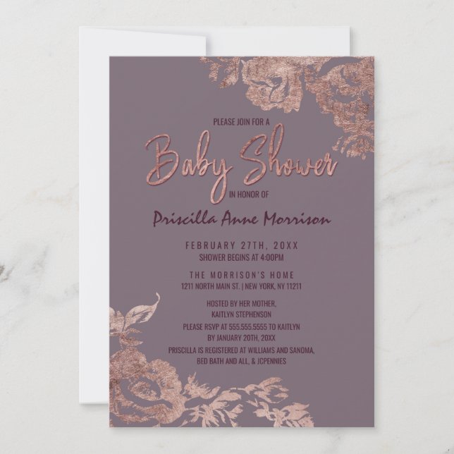 Invitation Elégant Rose or Floral violet Baby shower mauve (Devant)