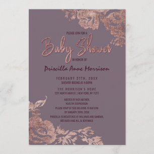 Invitation Elégant Rose or Floral violet Baby shower mauve