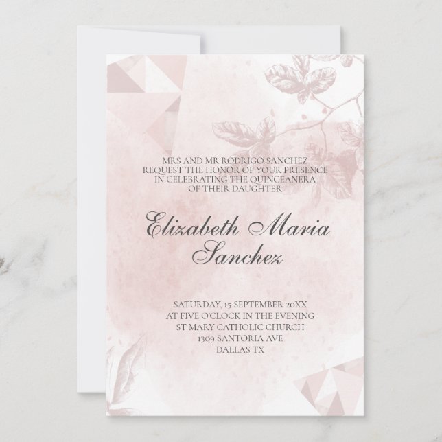 Invitation Élégant Rose or rose Floral Quinceañera (Devant)