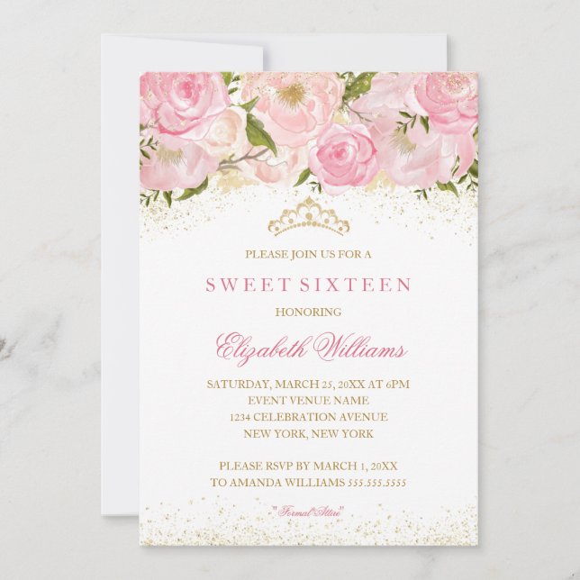 Invitation Elegant Rose or rose Sweet sixteen (Devant)