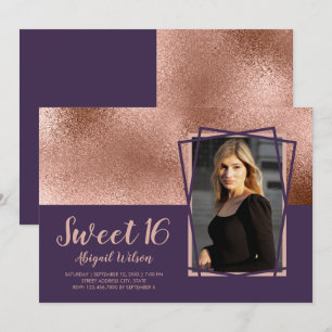 Invitation Elégant rose or violet sweet sixteen anniversaire