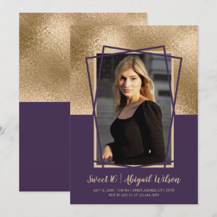 Invitation Elégant rose or violet sweet sixteen anniversaire