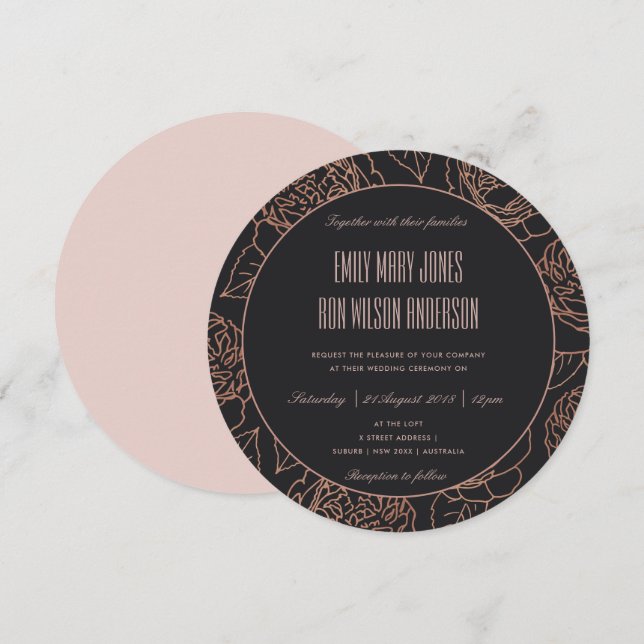 INVITATION ELEGANT ROSE PÂLE OR ROSE GOLD NOIR FLEUR WEDDING (Devant / Derrière)