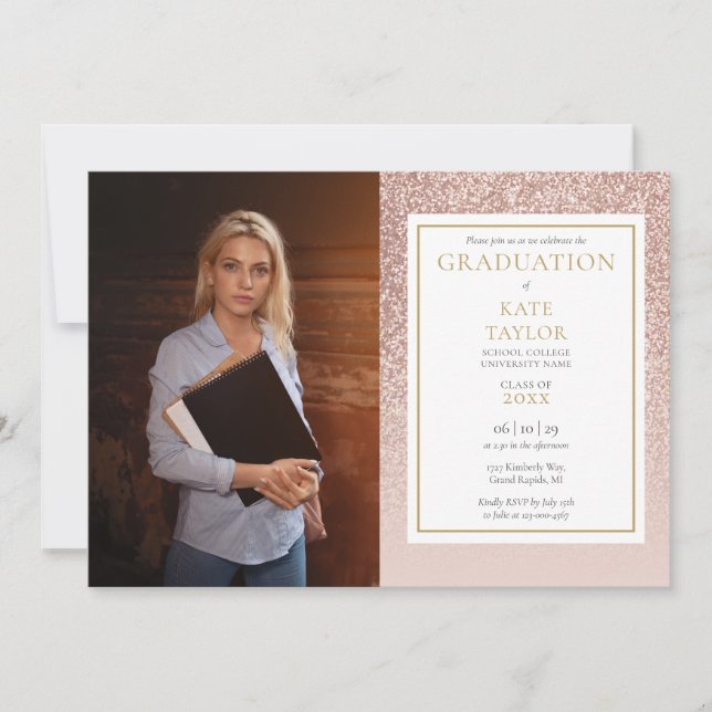 Invitation Elégant Rose Parties scintillant d'or Photo Gradua (Devant)