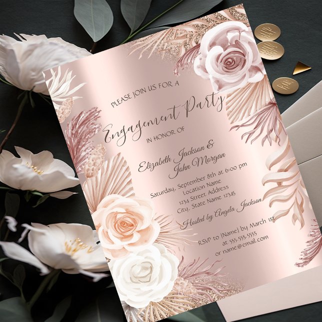 Invitation Élégant Rose Parties scintillant or Boho Fleurs Fi (Créateur téléchargé)