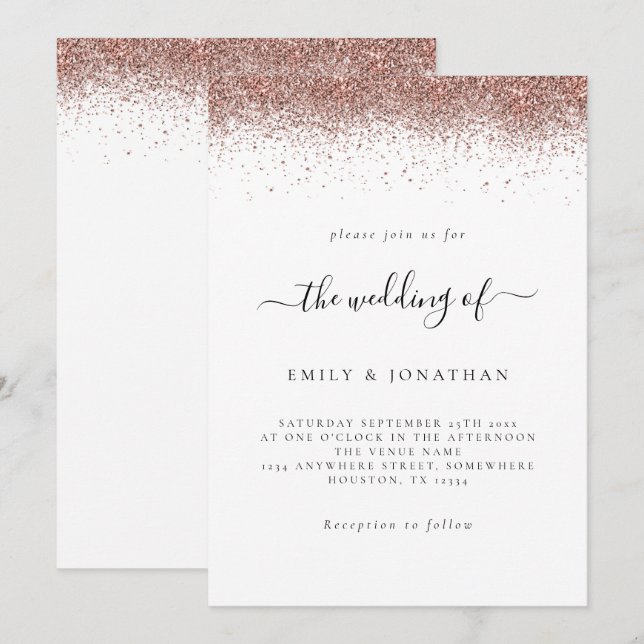 Invitation Elégant Rose Parties scintillant or Mariage fronti (Devant / Derrière)