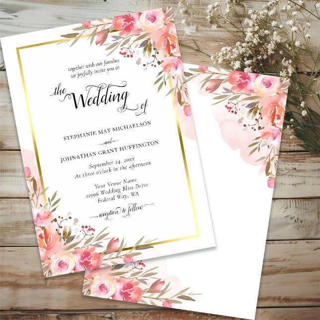 Invitation Elégant rose Peach Floral Aquarelle Mariage Or (Elegant Pink Peach Floral Watercolor Wedding Gold Invitation)