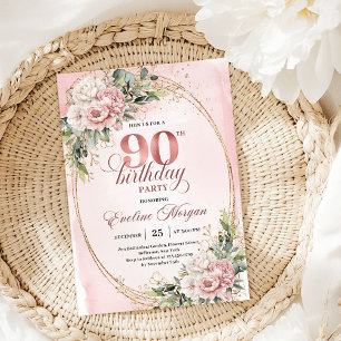 Invitation Élégant Rose Poussiéreux Or Vert 90e Anniversaire