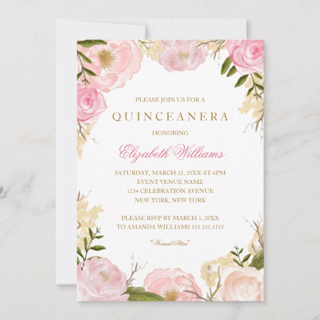 Invitation Elegant Rose Quinceanera Rose (Devant)