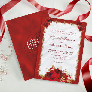 Invitation Élégant Rose Red Gold Floral Mariage