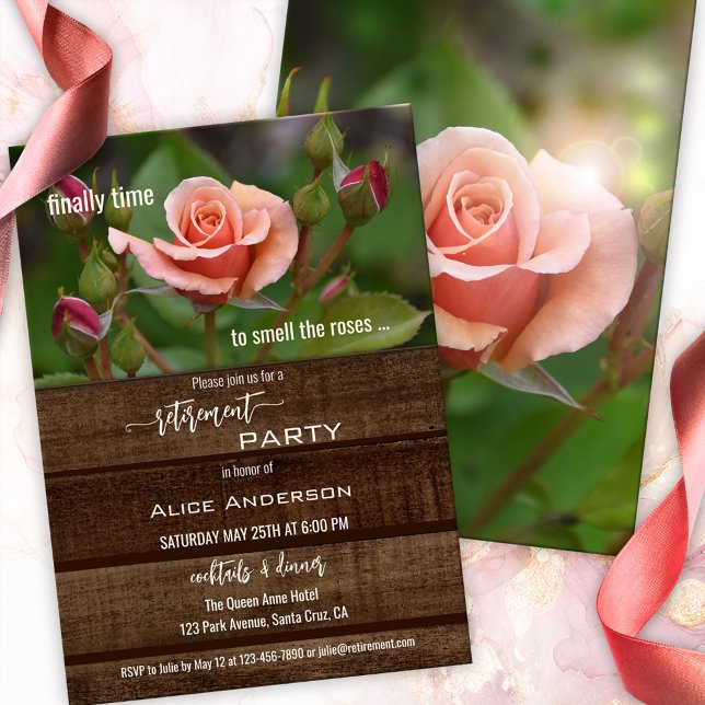 Invitation Élégant Rose Relax Garden Retraite Party (Retirement party invitation featuring a peach colored rose on rustic dark wood - garden - flowers)