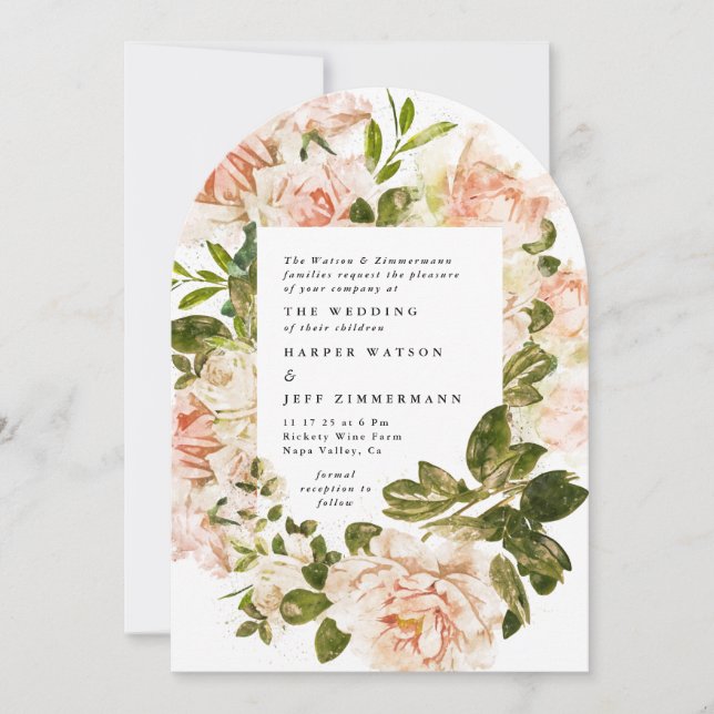 Invitation Elégant Rose Romance Aquarelle Mariage Arc (Devant)