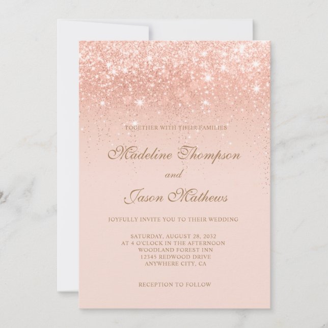 Invitation Élégant Rose romantique Gold Sparkling Mariage (Devant)