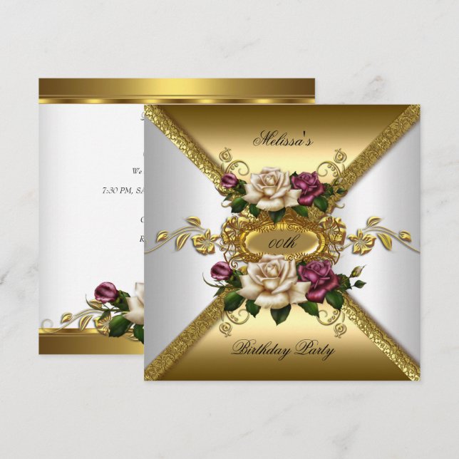 Invitation Élégant Rose rose blanc or fête d'anniversaire 2 (Devant / Derrière)